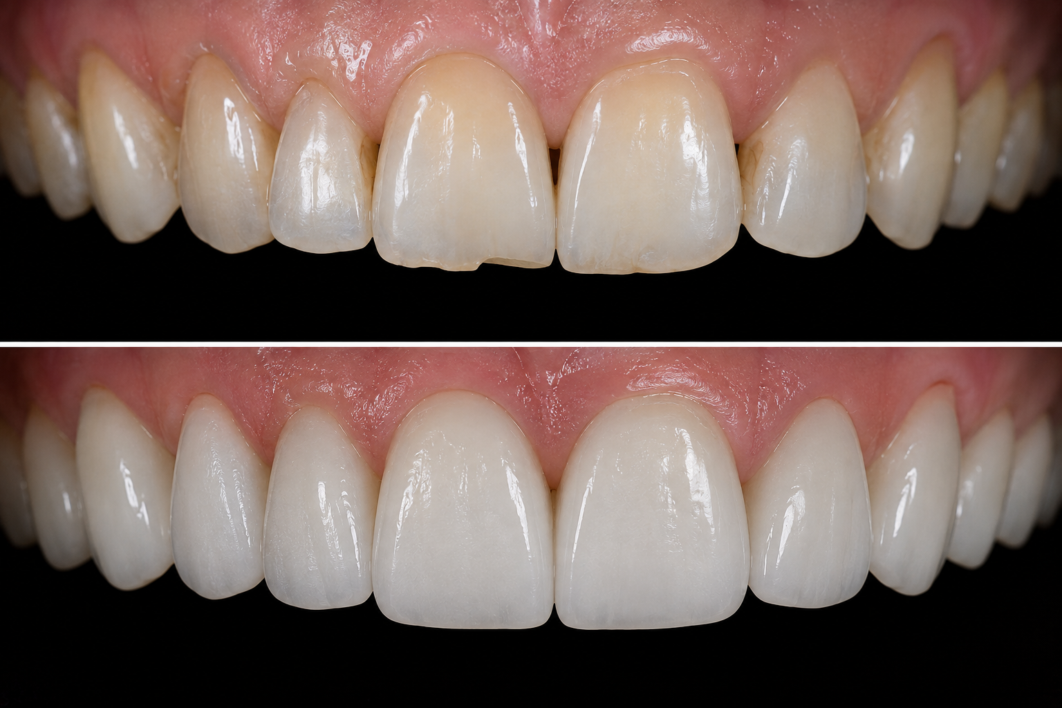 Before and after of an anterior ceramic case: pre-operative dentition above, finished layered restorations below